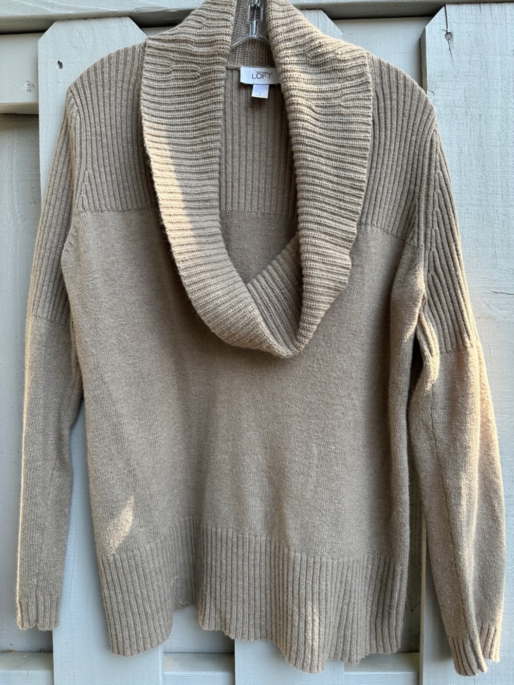 LOFT Taupe Cowl-Neck Ribbed Sweater